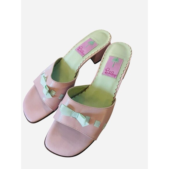 Lilly Pulitzer Slide Sandals Size 8.5 Pink With Green Bows Low Heels - Picture 5 of 9